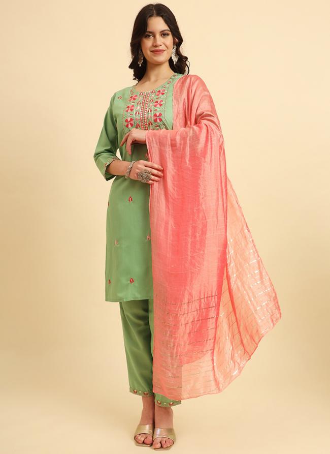 Cotton Green Daily Wear Thread Work Readymade Kurti Set